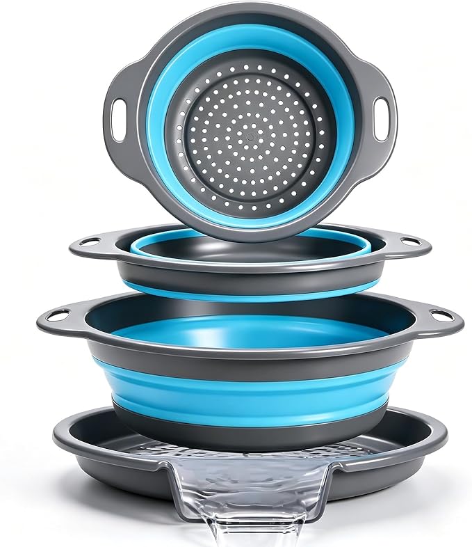 Collapsible Colander Set with Oversized Draining Tray | 3-Pack Foldable Kitchen Strainers + Base | Space Saving for Pasta, Veggies, Fruit & Rice | 5 Colors (Gray-Blue) by CLUREN