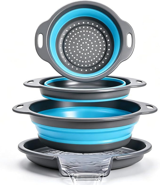 Collapsible Colander Set with Oversized Draining Tray | 3-Pack Foldable Kitchen Strainers + Base | Space Saving for Pasta, Veggies, Fruit & Rice | 5 Colors (Gray-Blue) by CLUREN