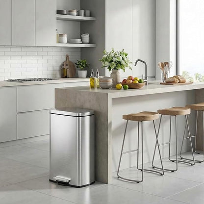 8 Gal Kitchen Trash Can, 30L Recycling or Garbage Bin, Brushed Stainless Steel Waste Basket, Soft&Quiet Close Dustbin, with Step-On Pedal, Removable Inner Bucket, for Home, Office, Living Room
