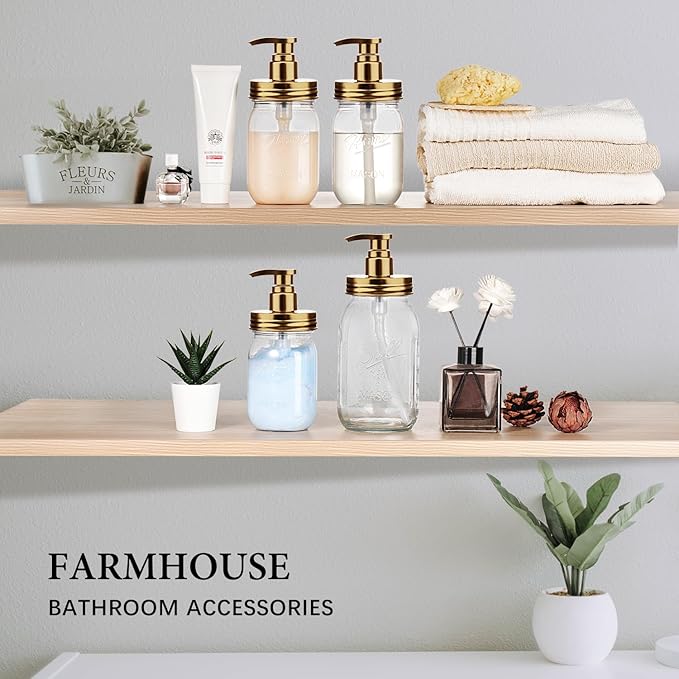 Amolliar Plastic Mason Jar Soap Dispenser with Pump Lid,16OZ Refillable BPA-Free Hand Soap Dispenser Set with Cute Lables - for Kitchen/Bathroom, Liquid Soap, Dish Soap, Lotion (2 Pack, Gold) - Image 6