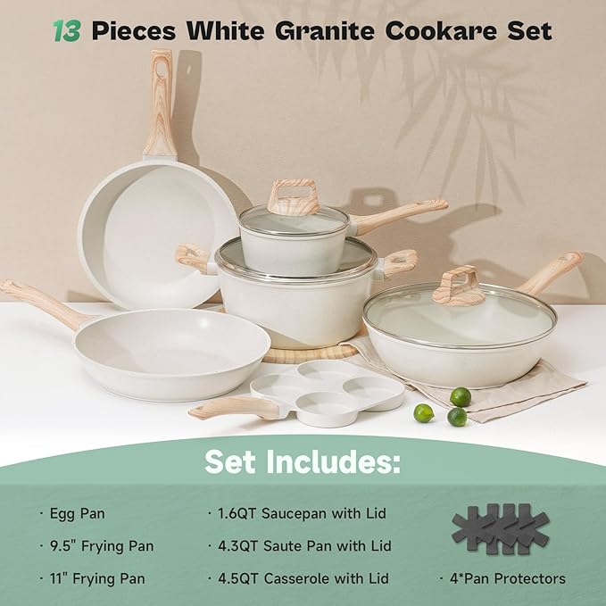13 Pcs Pots and Pans Set, Nonstick Cookware Sets White Granite Induction Cookware, Non-toxic Healthy Non stick Kitchen Cooking Set with Frying Pans Set, Saucepans (PFAS/PFOA/PFOS Free) - Image 2