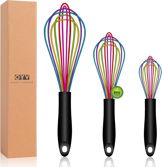 OYV Dishwasher Safe Colorful Silicone Whisk, Sealed Waterproof Design Set of 3, Professional Kitchen Whisks for Cooking Non-Scratch, Silicone & Stainless Steel Whisk, Heat Resistant Balloon Egg Beater by OYV