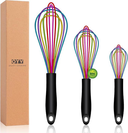 OYV Dishwasher Safe Colorful Silicone Whisk, Sealed Waterproof Design Set of 3, Professional Kitchen Whisks for Cooking Non-Scratch, Silicone & Stainless Steel Whisk, Heat Resistant Balloon Egg Beater by OYV