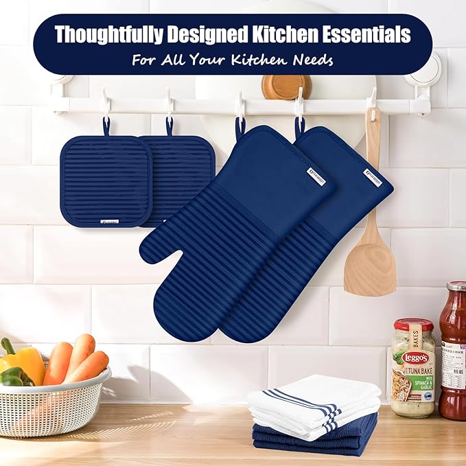 Oven Mitts and Pot Holder Sets with Silicone Grip, 500°F Heat Resistant-6 Pack Dishcloth/Dish Towels for Kitchen 100% Cotton-Value Kitchen Essentials for Cooking, Baking, Grilling-Marine Blue - Image 5