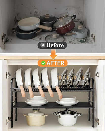 HULISEN Pots and Pans Organizer Under Cabinet, Expandable 2-Tier Pots and Pans Lid Storage Rack Holder with 10 Dividers, Adjustable Height Under Sink Organizer, Maximize Kitchen Storage Space - Image 3