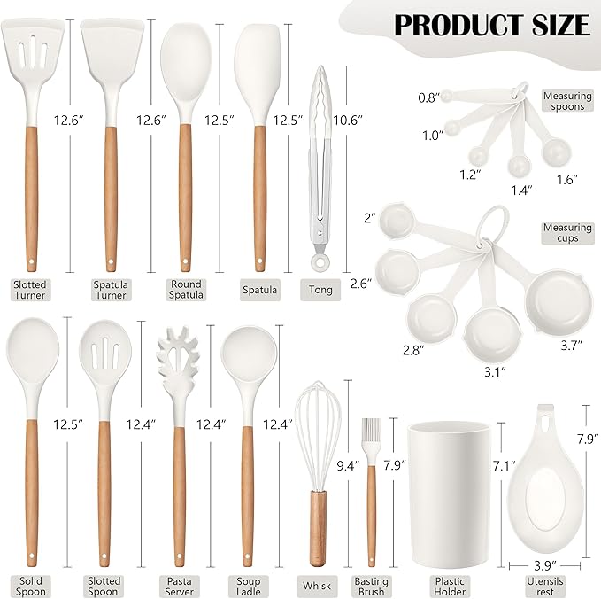 HaWare Kitchen Cooking Utensils Set, 23-Piece Silicone Kitchen Utensils Spatula Set with Holder, Heat Resistant Wooden Handle Kitchen Gadget for Nonstick Cookware, Food-grade Turner Spoon Sets (White) - Image 2