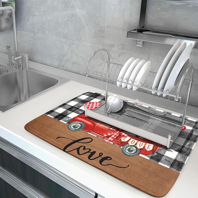 Valentine's Day Red Heart Truck Dish Drying Mat for Kitchen Counter,Black White Buffalo Plaid Love Drying Mat 18 x 24 Inch with Absorbent Reversible Microfiber Dish Drying Pad for Coffee Bar - Image 5