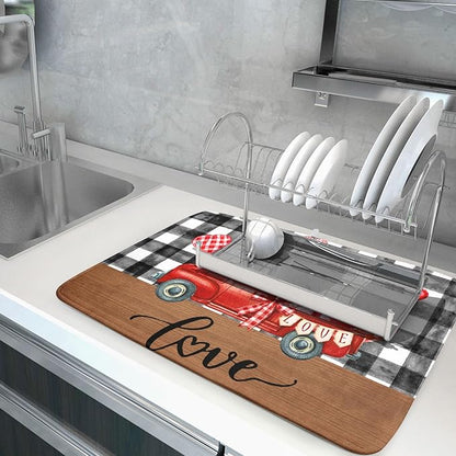 Valentine's Day Red Heart Truck Dish Drying Mat for Kitchen Counter,Black White Buffalo Plaid Love Drying Mat 18 x 24 Inch with Absorbent Reversible Microfiber Dish Drying Pad for Coffee Bar - Image 5