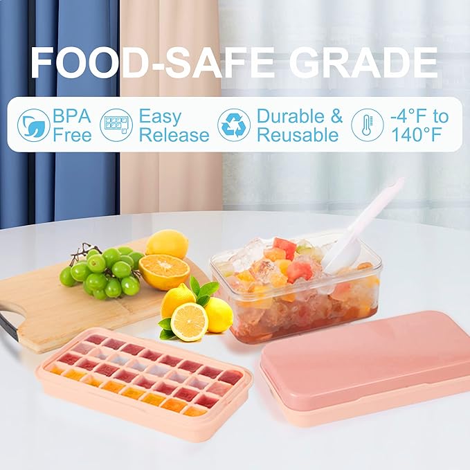 Ice Cube Tray with Lid and Bin, 64 pcs Ice Tray Kit with Ice Scoop, Ice Cube Pop Out Tray, Ice Cube Trays for Freezer, Ice Cube Molds, BPA Free, Easy Release Stackble Spill-Resistant ZZWILLB (Pink)