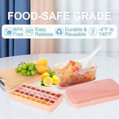 Ice Cube Tray with Lid and Bin, 64 pcs Ice Tray Kit with Ice Scoop, Ice Cube Pop Out Tray, Ice Cube Trays for Freezer, Ice Cube Molds, BPA Free, Easy Release Stackble Spill-Resistant ZZWILLB (Pink)