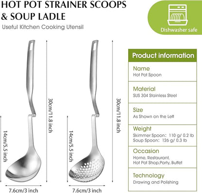 Patelai Hot Pot Slotted Ladle Set Stainless Steel Soup Ladle Strainer Scoops Cooking Skimmer Cookware Utensil for Hotpot Scooping Sauce Serving, 12 Inch(4 Pcs,Silver)