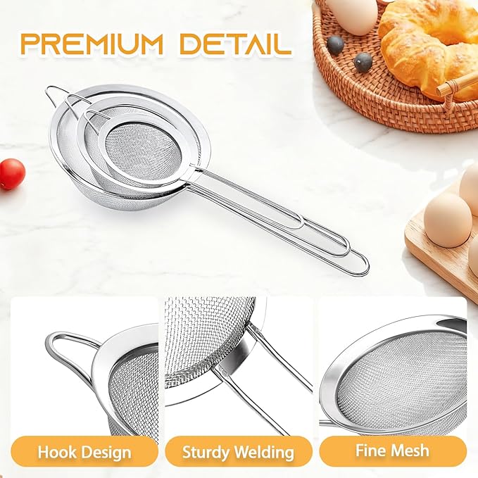 3Pcs Fine Mesh Strainer with Handle, Small Medium Large Size Sieve Strainers Set, Stainless Steel Sifter Colander for Kitchen Baking Juice Quinoa Food Flour - Image 5