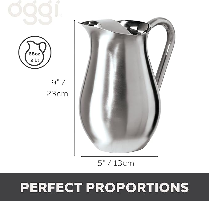 OGGI Stainless Steel Pitcher- Stainless Steel Water w/Ice Guard, Water Carafe, Great Metal Container for Entertaining, Ideal 68oz / 2 Lt Drink Pitcher - Image 6