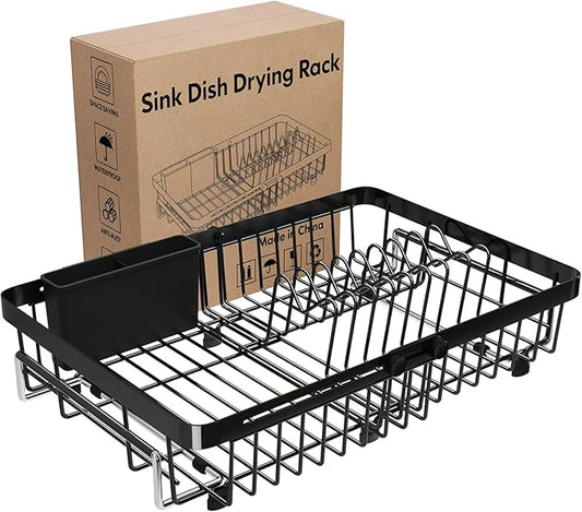 MAJALiS Expandable Stainless Steel Over The Sink Dish Drying Rack for Small Kitchen Counter Space Saving, Compact RV Plate Drainer Strainer in Black Wire Metal with Hanging Adjustable Utensil Holder by MAJALiS