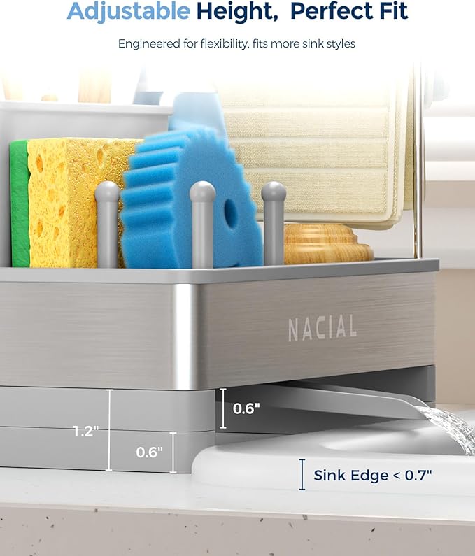 Nacial Sponge Holder for Kitchen Sink, Sink Caddy Organizer with High Brush Holder & Two Towel Racks - Rustproof 304 Stainless Steel Kitchen Countertop Storage Essentials - Gris - Image 4