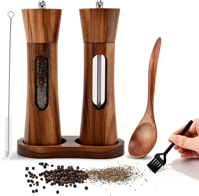 2Pack Wooden Salt and Pepper Grinder Set, 8-Inch Refillable Manual Salt and Pepper Mills with Clear View Window, Wood Shakers with Ceramic Grinder & Wooden Stand, Adjustable Coarseness