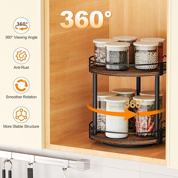 Snughome Rotating Spice Rack, 2 Tier Lazy Susan Organizer, Wood Kitchen Countertop Organizer, Brown Lazy Susan Turntable for Cabinet, 10.2" x 10.2" x 10.4" - Image 4
