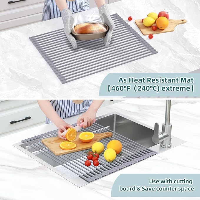 Ohuhu Sink Drying Rack, 20.5" W x 16.1" L Over The Sink Roll-Up Dish Drainer - Rolling Foldable Accessories Heat-Resistant Mat Anti-Slip Silicone Coated Multipurpose for Kitchen Counter - Image 3