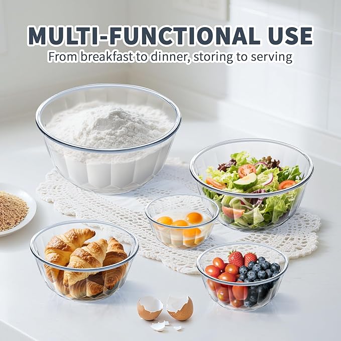 Luvan Glass Mixing Bowls with Lids Set of 5(0.85qt,1.11qt,1.69qt,2.85qt,4.7qt), Large Salad Bowl with Diamond Pattern & Grey Transparent Lids, Kitchen Clear Mixing Bowl for Serving Baking Prep Storage - Image 4