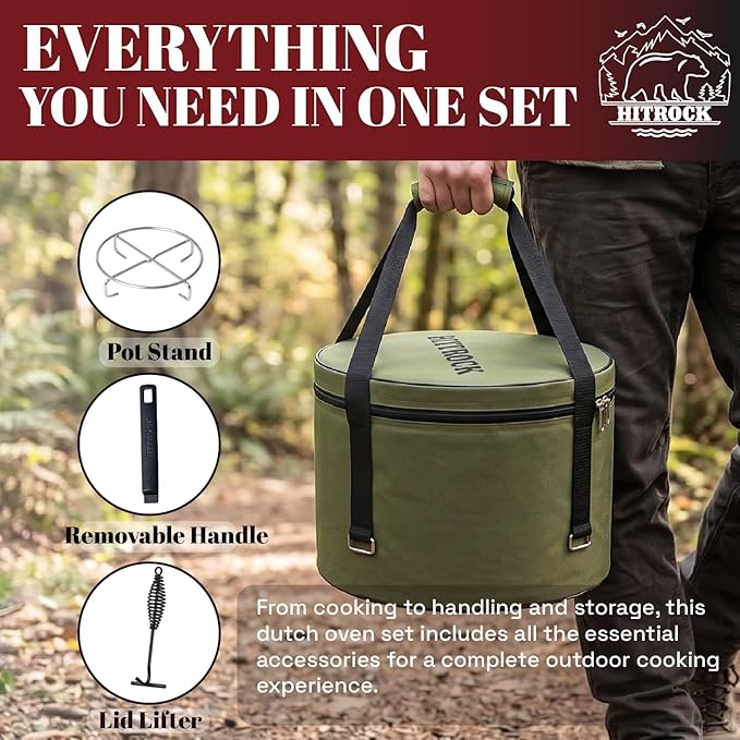 HITROCK Cast Iron Camp Dutch Oven 4QT, Pre-Seasoned Camping Dutch Oven with Lid, Flat Bottom Outdoor Pot with Lid Lifter,Pot Stand, Storage Bag & Handle for Camping, Baking, Grilling, Rounded-square Shape