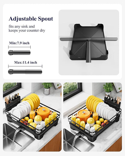Kitsure Dish Drying Rack - Multi-Functional Dish Rack for Kitchen Counter with Cutlery Holder, Rust-Proof Storage Solution with Rotatable, 15.7" x 12.0" x 5.5", Black - Image 4
