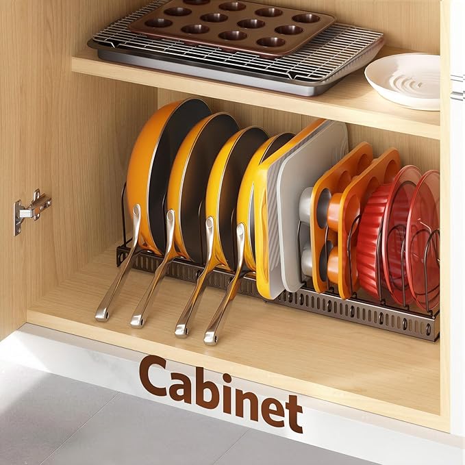 ORDORA Pots and Pans Organizer under Cabinet with Pan Holder: Expandable 11.8"-22.8" Kitchen Cabinet Organizer Rack, 12 Adjustable Dividers Storage for Cookie Sheets, Cutting Boards & Lid, Bronze - Image 6