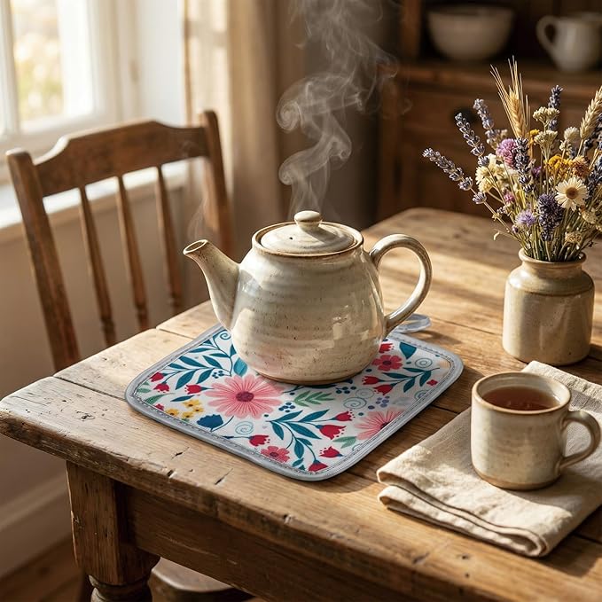 Floral Oven Mitts and Pot Holders Sets 2 Pcs, Canvas Heat Resistant Kitchen Mittens with Hot Pads, Vintage Farmhouse Country Decor, Non-Slip Cooking Baking Grilling Gifts for Women Mom (Flower2)
