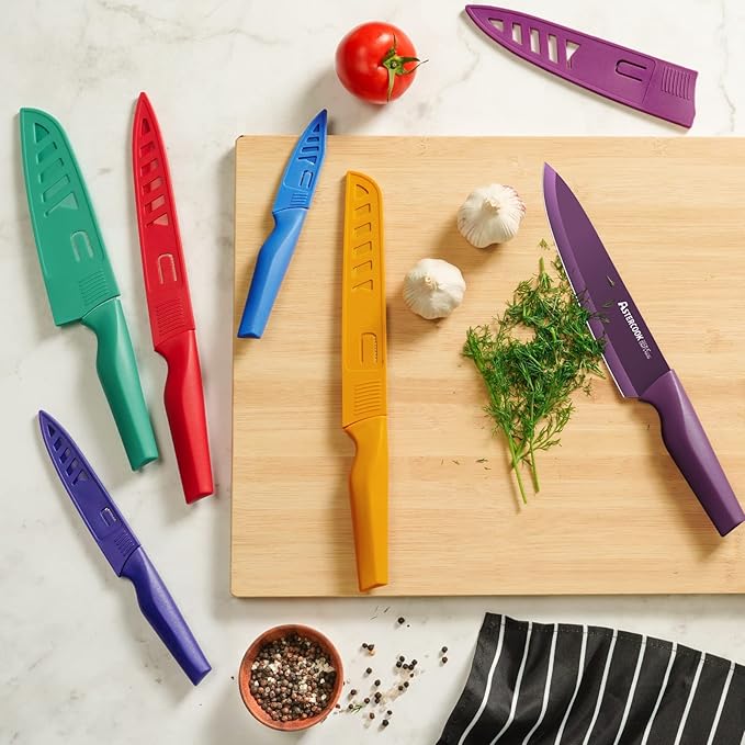 Astercook Knife Set, 12 Pcs Color-Coded Kitchen Knives Set, 6 Color Anti-Rust Coating Stainless Steel Chef Knife Sets with 6 Blade Guards Dishwasher Safe Mothers Day Gifts - Image 3