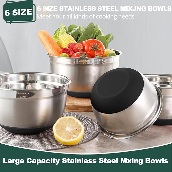 Umite Chef Mixing Bowls with Airtight Lids，6 piece Stainless Steel Metal Nesting Storage Bowls, Non-Slip Bottoms Size 7, 3.5, 2.5, 2.0,1.5, 1QT, Great for Mixing & Serving(Black) - Image 4