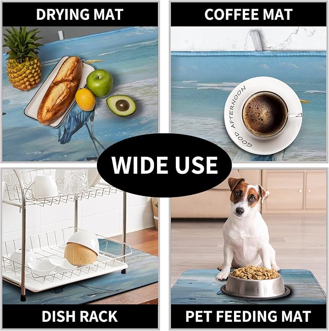 Summer Blue Dish Drying Mat for Kitchen Counter 16x18 Inch Heron Coastal Beach Drying Mats Nautical Ocean Bird Dishes Drainer Mats Microfiber Absorbent Dish Rack Pad - Image 7