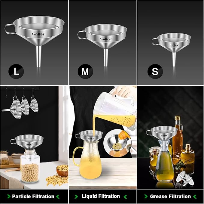Stainless Steel Funnel, Walfos 3 Pack Kitchen Funnel with 2 Removable Strainer ＆ 1Pcs Cleaning Brush, Perfect for Transferring of Liquid, Oils, Jam, Dry Ingredients & Powder - Image 2