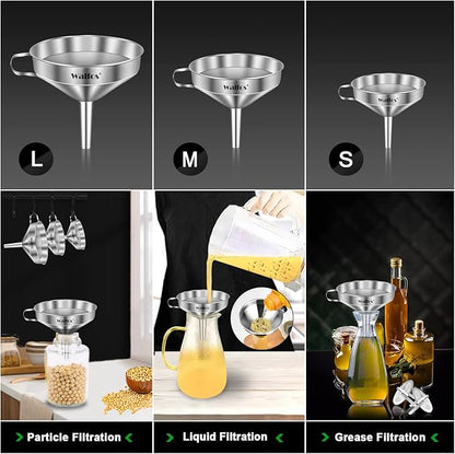 Stainless Steel Funnel, Walfos 3 Pack Kitchen Funnel with 2 Removable Strainer ＆ 1Pcs Cleaning Brush, Perfect for Transferring of Liquid, Oils, Jam, Dry Ingredients & Powder - Image 2