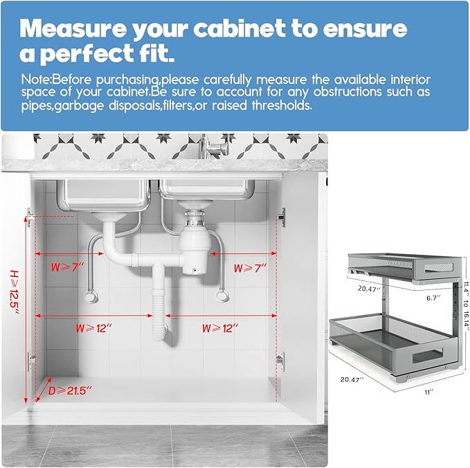 1 Pack 20.47IN Depth Under Sink Storage Organizer, Large 2-Tier Elegant Mesh Pull Out Shelf for Kitchen and Bathroom Cabinet Organization, L-Shaped and Adjustable Height Design-Gun Gray - Image 2