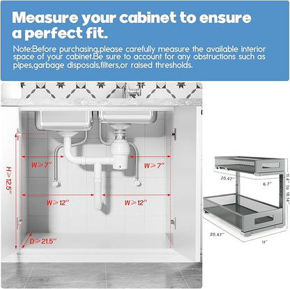 2 Pack 20.47IN Depth Under Sink Storage Organizer, Large 2-Tier Elegant Mesh Pull Out Shelf for Kitchen and Bathroom Cabinet Organization, L-Shaped and Adjustable Height Design-Gun Gray - Image 2