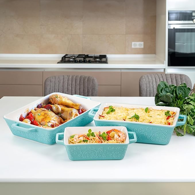 Okllen Set of 3 Casserole Dishes for Oven, Ceramic Baking Dishes with Handles, Rectangular Lasagna Pan Bakeware Set for Baking Cooking, Roasting, Broiling, Gratin, Wedding & Housewarming Gift, Blue - Image 8