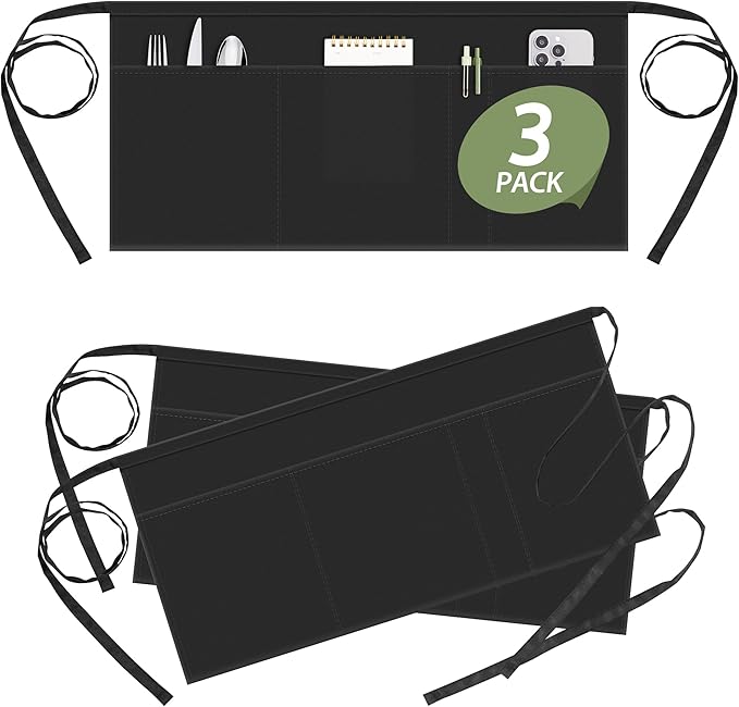 Syntus Server Apron for Men Women, Waitress Waist Apron, Black 1/3/12 Packs by Syntus
