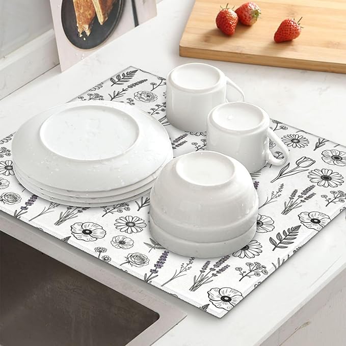 Black and White Floral Aesthetics Dish Drying Mat, for Kitchen Counter Microfiber Absorbent, Dish Draining Mat Extra Large 18"x24" - Image 2
