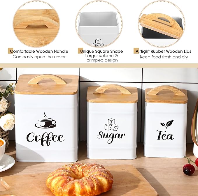 Maxdot 3 Set Coffee Sugar Tea Containers, Square Airtight Kitchen Canisters Storage Ground Organization with Bamboo Lids Rustic Metal Jars for Coffee Bar Beans, Tea Leaves, Food, Countertop(Cream) - Image 3