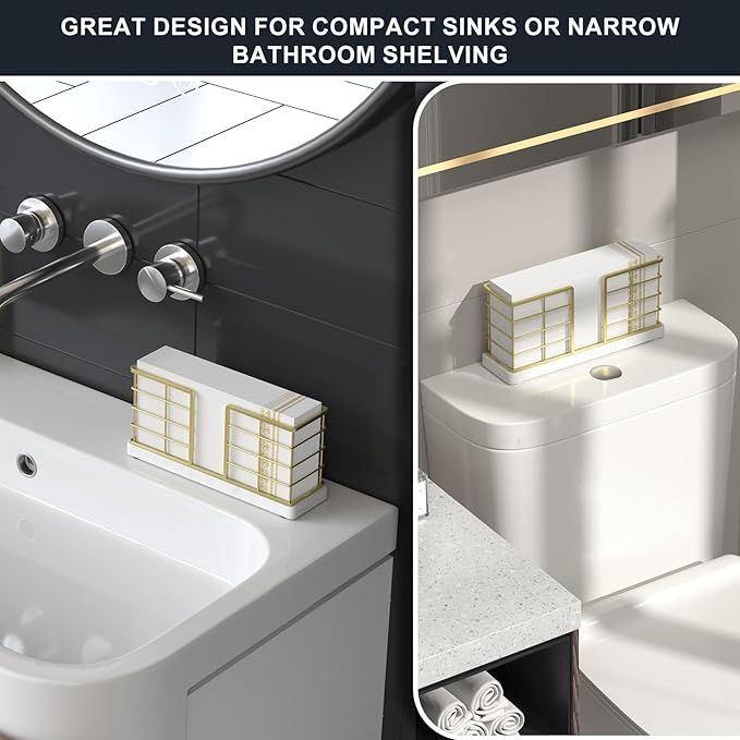 Wican Marble Vertical Stance Bathroom Napkin Holder Takes Up Less Space for Small Guest Bathroom Towel Tray for Powder Room Table Wooden Basket for Disposable Paper Hand Towels Gold and Marble White