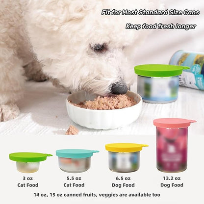 MoPawKT- Pet Food Can Covers Silicone Lids for 3-15 oz Cans, 3 Inner Diameters 2.6”/3”/3.4” Fit for Most Cat & Dog Food Cans/Tins, BPA Free, Reusable (set of 3 lids+1 spoon)