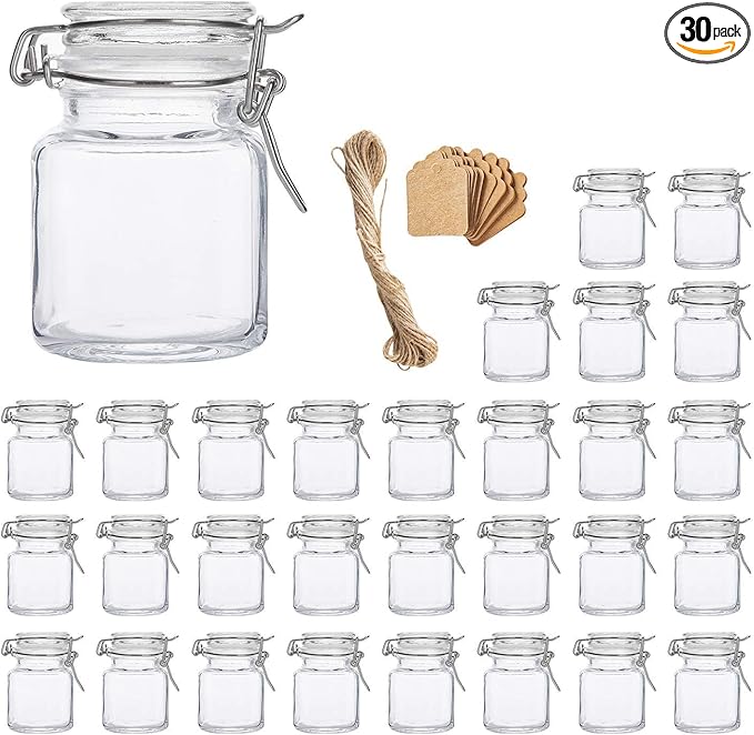 Flrolove Spice Jars 30 Pack 4oz Square Glass Jars with Leak Proof Rubber Gasket & Hinged Lid,Small Glass Containers with Airtight Lids for Home, Party Favors by Flrolove