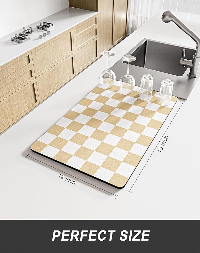 Rnivvi Dish Drying Mat for Kitchen Counter, 12 x 19" Cute Checkered Absorbent Draining Pad, Non-Slip Heat Resistant Coffee Bar Mats for Coffee Machine Station Accessories, Beige White Dish Rack Pad - Image 2