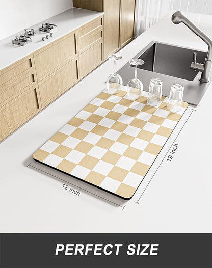 Rnivvi Dish Drying Mat for Kitchen Counter, 12 x 19" Cute Checkered Absorbent Draining Pad, Non-Slip Heat Resistant Coffee Bar Mats for Coffee Machine Station Accessories, Beige White Dish Rack Pad - Image 2