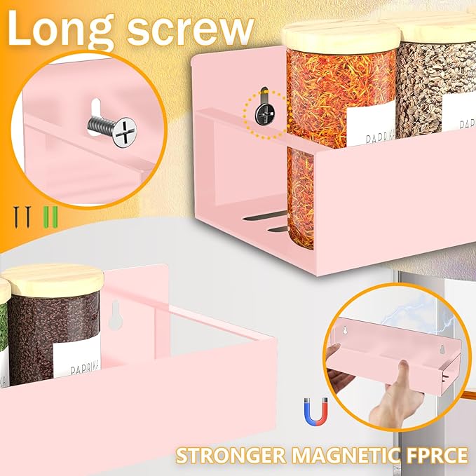 SMRCAD Magnetic Spice Rack Organizer for Fridge Seasoning Organizer for Kitchen storage with Screw Magnetic Shelf with Hook for Refrigerator and Oven (4pack1hook-Pink) - Image 6