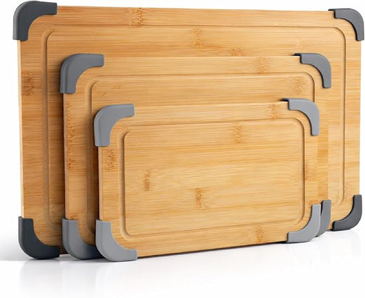 COOK WITH COLOR Non-Slip Cutting Board Set – Kitchen Essentials with Easy Grip Handle for Meat, Veggies, and Fruits, 3 Cutting Boards, Bamboo Non-Slip Grey