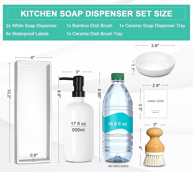 GMISUN Kitchen Soap Dispenser Set, 16 Oz Hand and Dish Soap Dispenser with Ceramic Tray & Bamboo Dish Brush, 2 Pack White Glass Liquid Pump Bottle, Modern Farmhouse Refillable Dish Soap Bottle - Image 3
