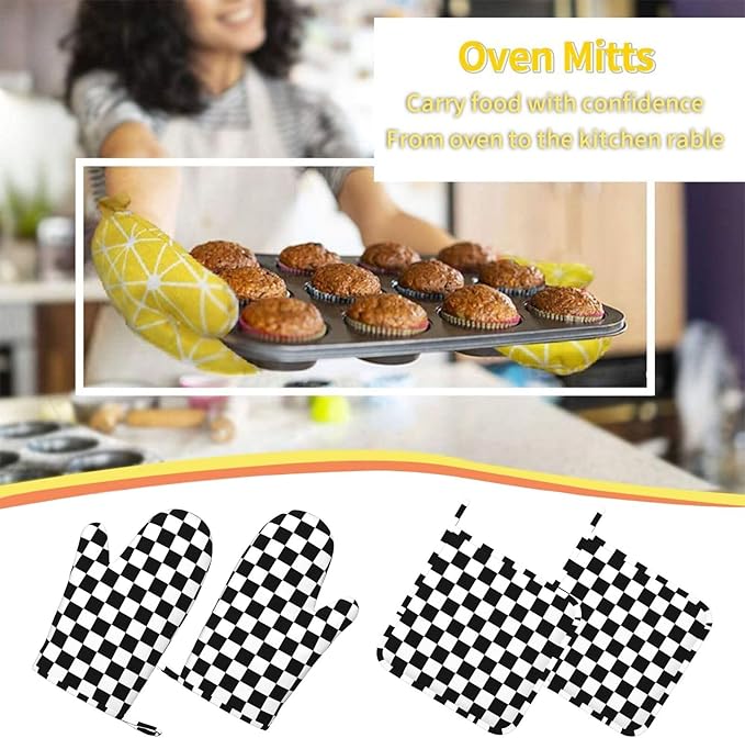 Black White Checkered Oven Mitts and Pot Holders Sets of 4, Heat Resistant Silicone Oven Mittens and Potholders Gloves Hot Pads for Kitchen Cooking Baking Grilling BBQ Chef - Image 7