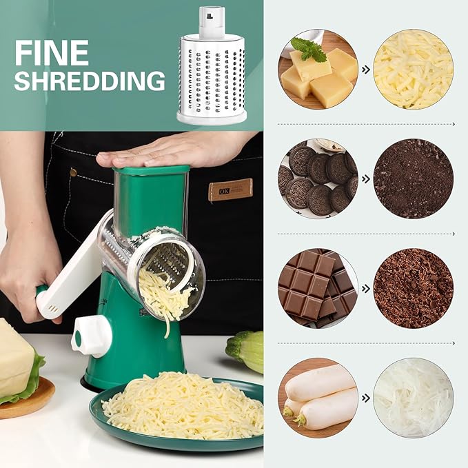 Cambom Rotary Cheese Grater Hand Crank Cheese Shredder for Fresh Cheese, Vegetable, Nuts,Non-slip Suction Base, Free Cleaning Brush Three Blades, Deep Green - Image 4