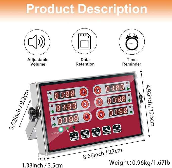 Kitchen Timers for Cooking – 6 Channel Commercial Kitchen Timer Restaurant Kitchen Supplies – Stainless Steel LED Technology Kitchen Timer Digital – Reminder Function, Loud Alarm, Red - Image 3