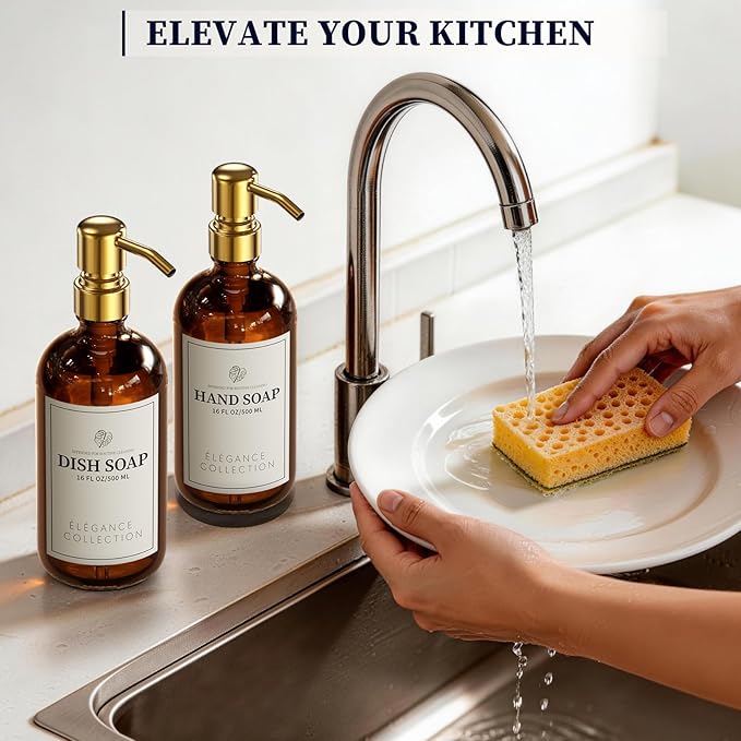 Amber Glass Soap Dispenser Set of 2, 16oz Hand and Dish Soap Dispenser for Kitchen & Bathroom, Gold Stainless Steel Pump, Non-Slip Base, 14 Waterproof Labels, Organic Decor - Image 6